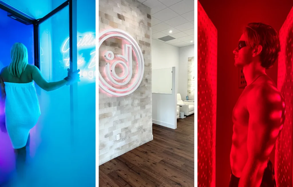 Collage of Degree Wellness services, including Cryotherapy, our Halotherapy salt wall when you walk into our lobby, and Red Light Therapy
