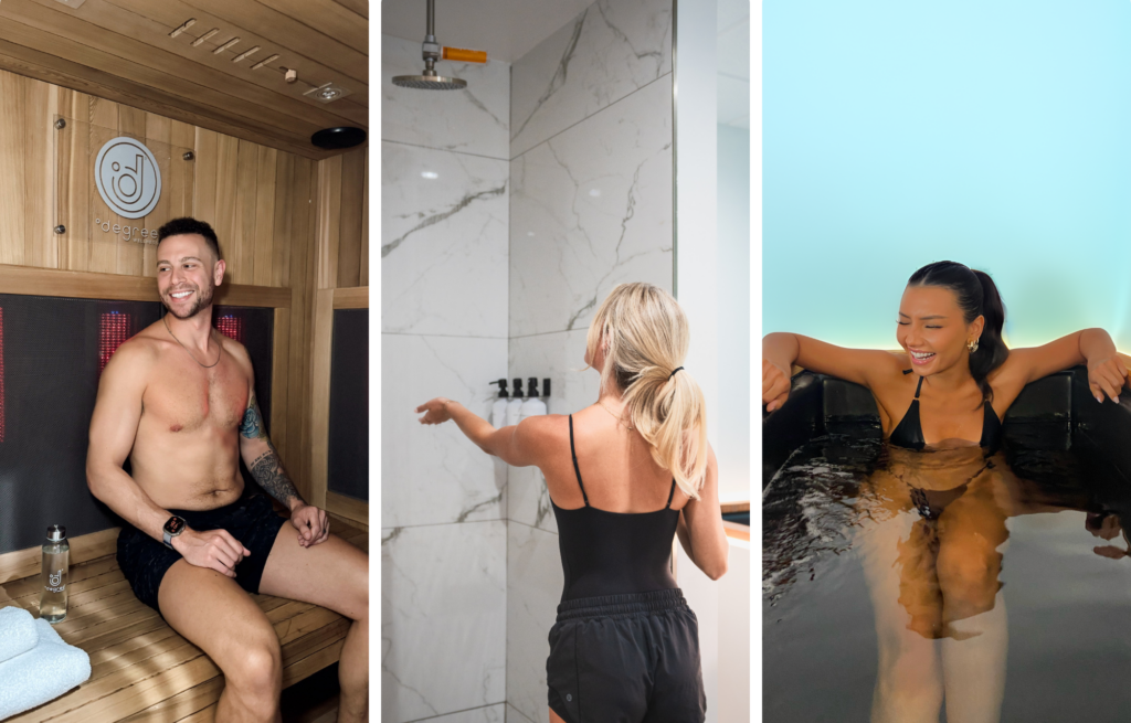 Collage of Degree Wellness services, including Infrared Sauna, Vitamin C Showers, and Cold Plunge, which can all be done together in a single service as Contrast Therapy